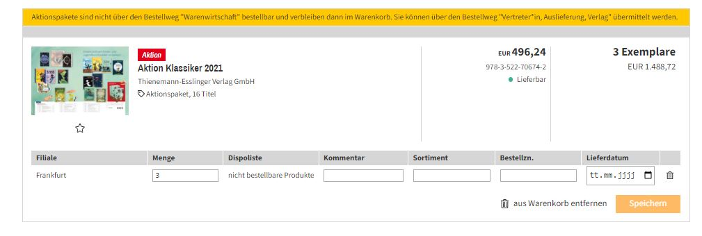 Warenkorb Warnung Aktionspaket