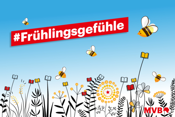 Grafische Blumenwiese mit Bienen und dem Slogan "#Frühlingsgefühle".