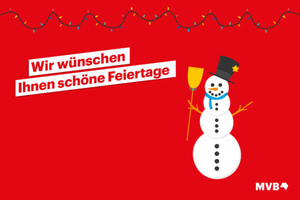 Wir wünschen Ihnen schöne Feiertage neben einem grafischem Schneemann mit Hut und Besen.