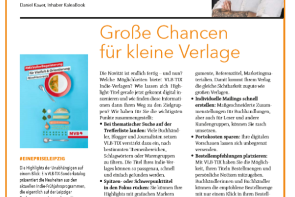 Börsenblatt-Artikel mit der Stimme von Daniel Kauer und der Überschrift "Große Chancen für kleine Verlage".