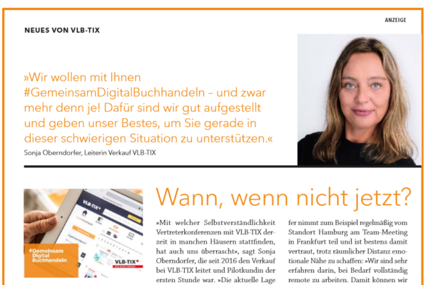 Börsenblatt-Artikel mit der Stimme von Sonja Oberndorfer und der Überschrift "Wann, wenn nicht jetzt?".